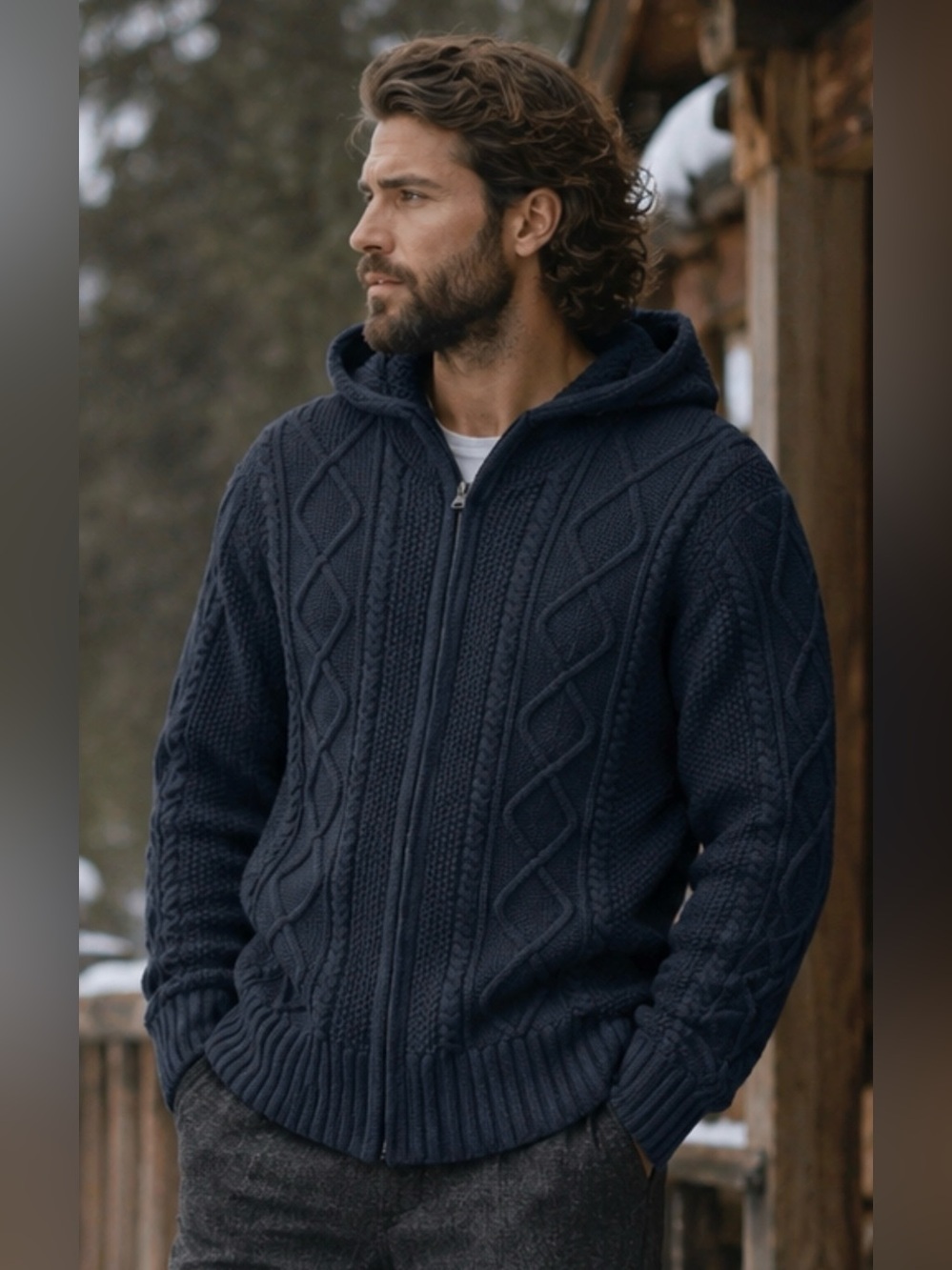 GAP Navy Blue Textured OpenFront Hooded Cardigan Full Zip Wool Cotton Blend Sz M